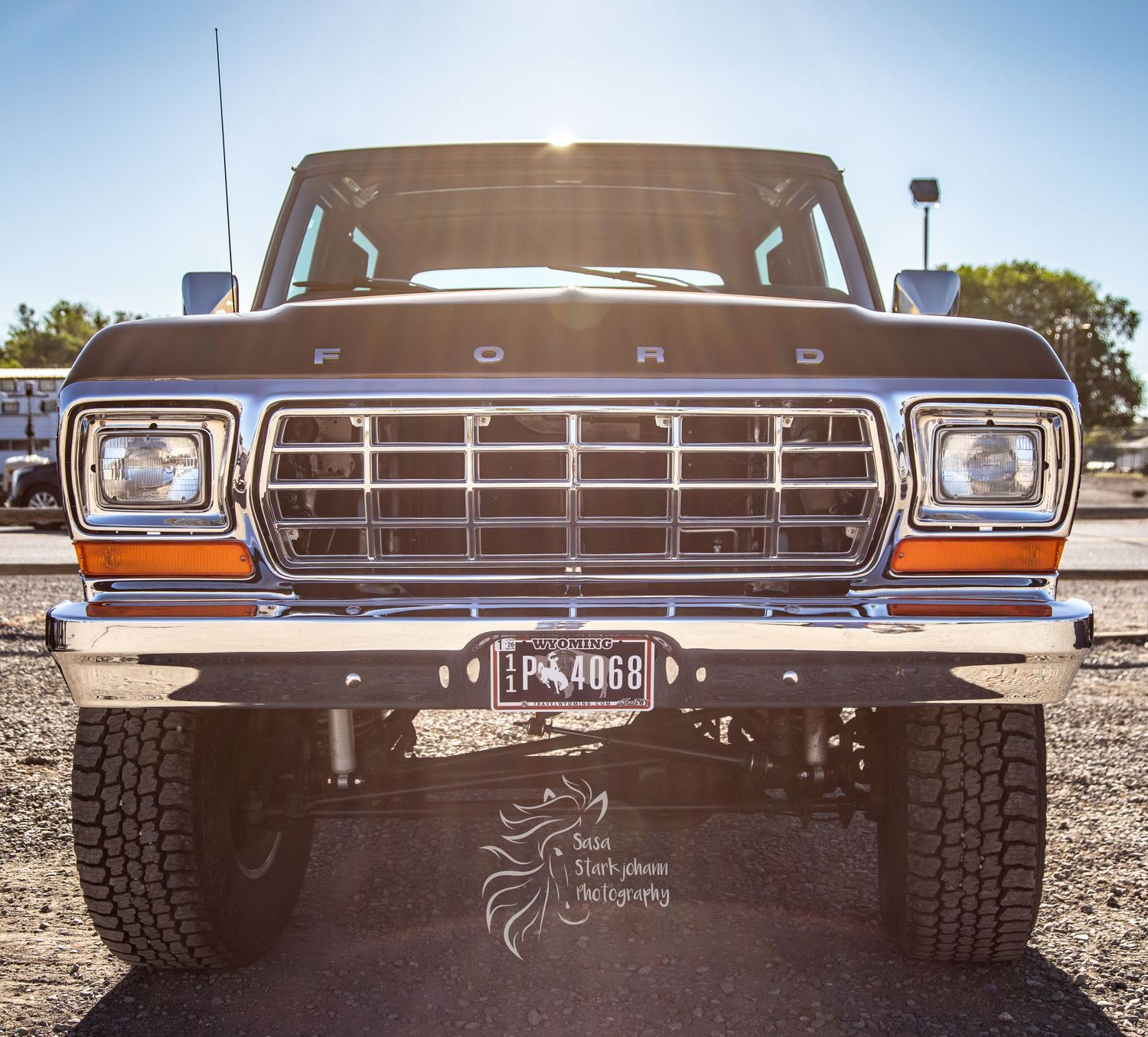 Front view of a classic brown Ford pickup truck with large off-road tires and custom bumper in bright sunlight.