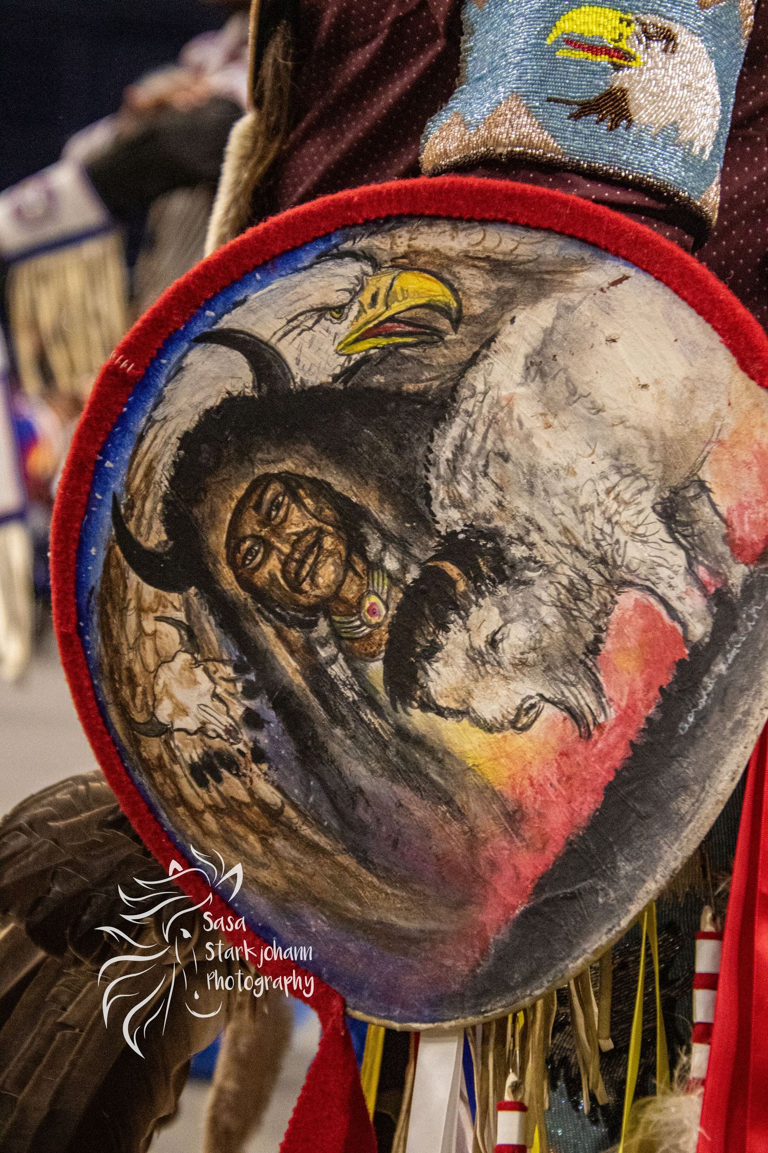 Detailed painted drum featuring eagle and wolf designs with red trim at Native American gathering.
