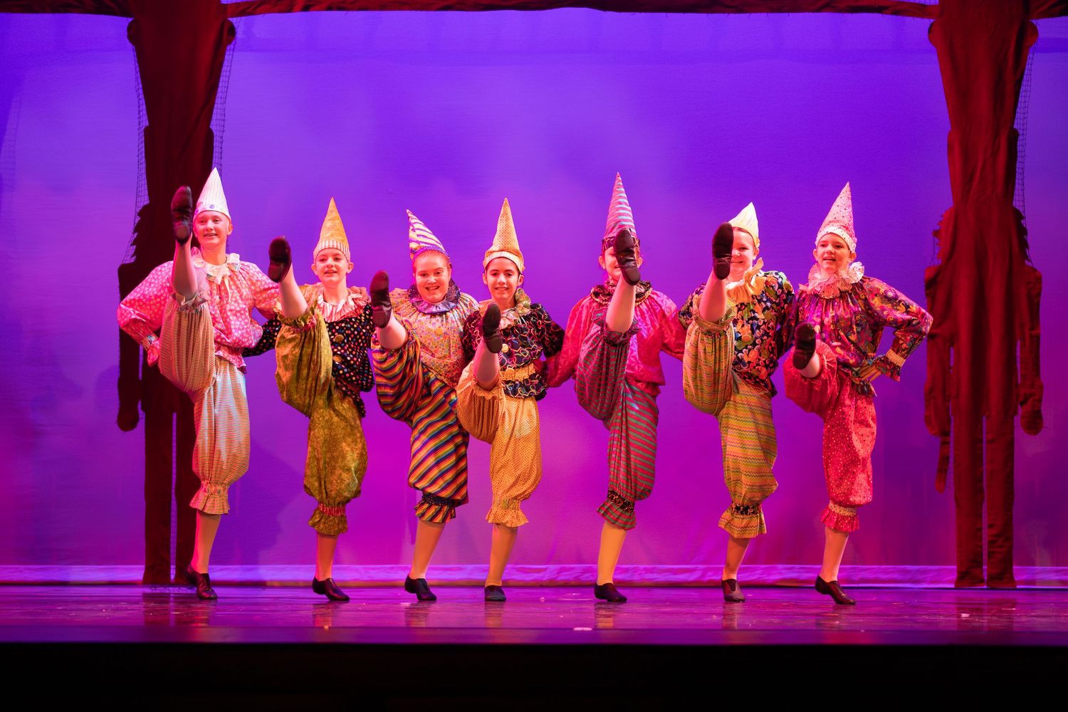 Dancers in colorful costumes perform choreographed number from The Nutcracker ballet.