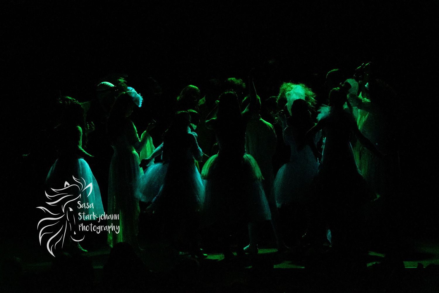 Silhouettes of performers lit by dramatic green lighting on a dark stage.