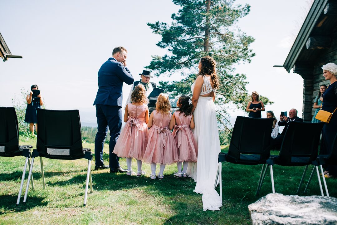 Outdoor mountain wedding ceremony with attendants in pink dresses against scenic forest backdrop.