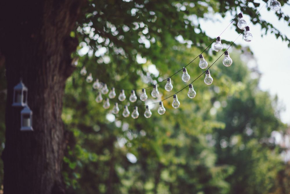 String of crystal decorations hanging between trees at an outdoor wedding venue.