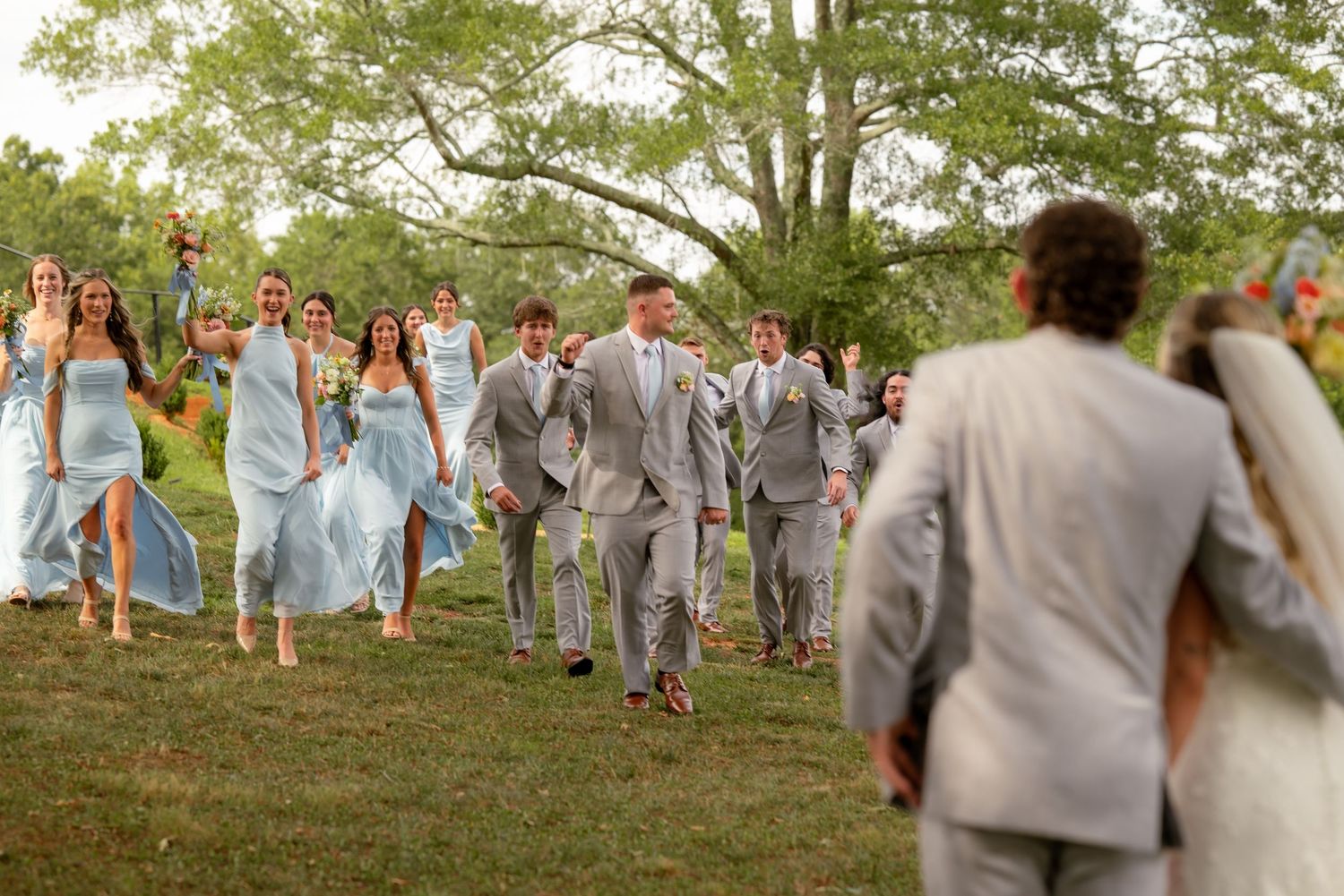 Wedding party in light blue dresses and gray suits walks across green lawn toward bride and groom embracing in foreground.