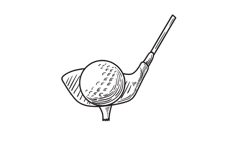 Black and white sketch illustration of a golf ball on a tee with a driver club, hand-drawn engraving style.
