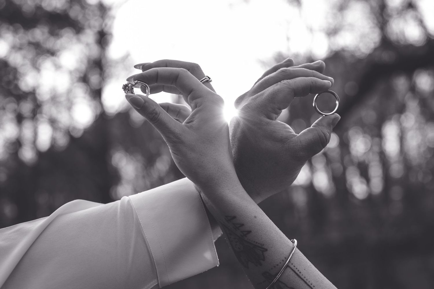 Black and white photo of two hands holding wedding rings up toward sunlight filtering through trees.