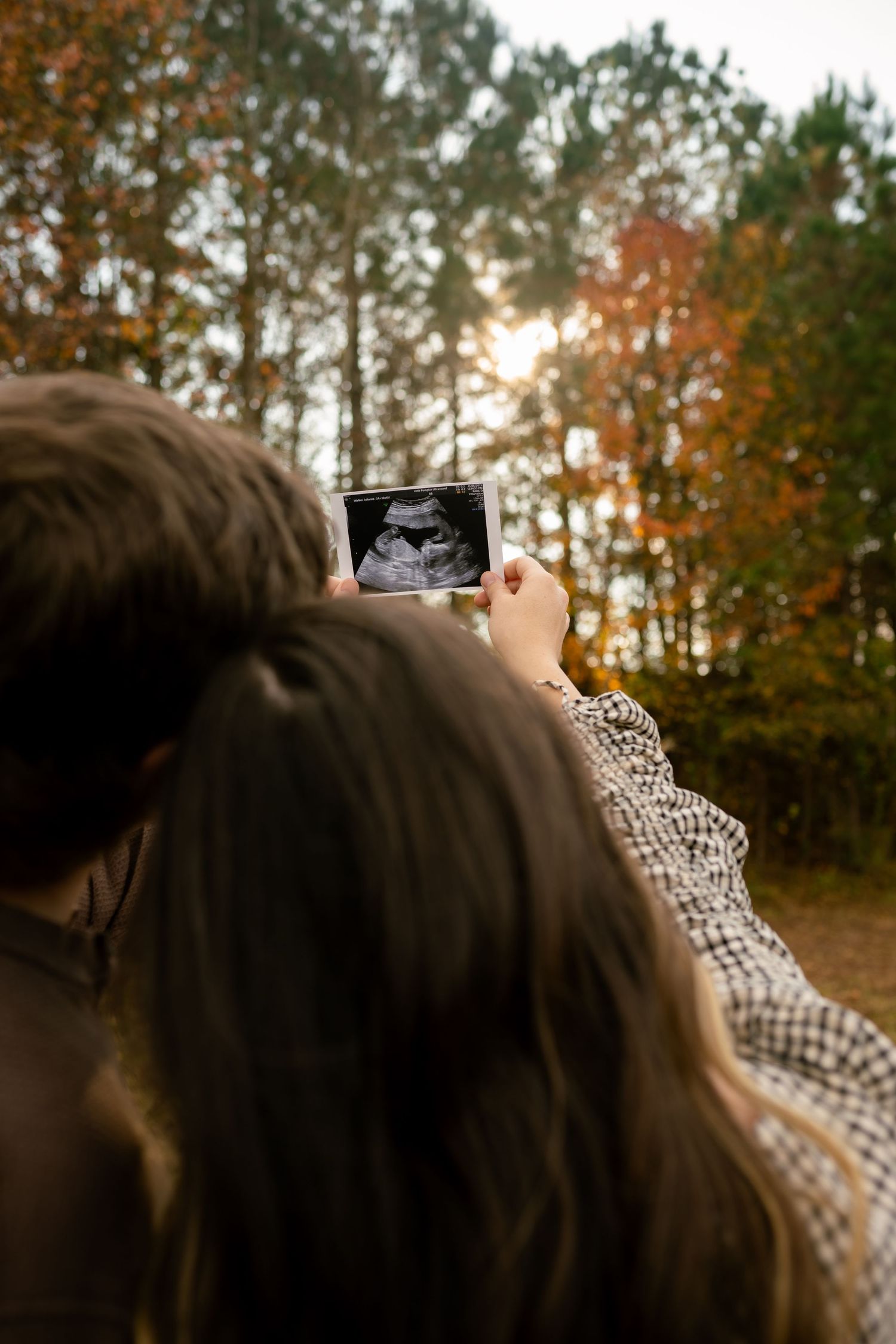 A series of ultrasound photos being held up against a sunset sky with pine trees in the background.