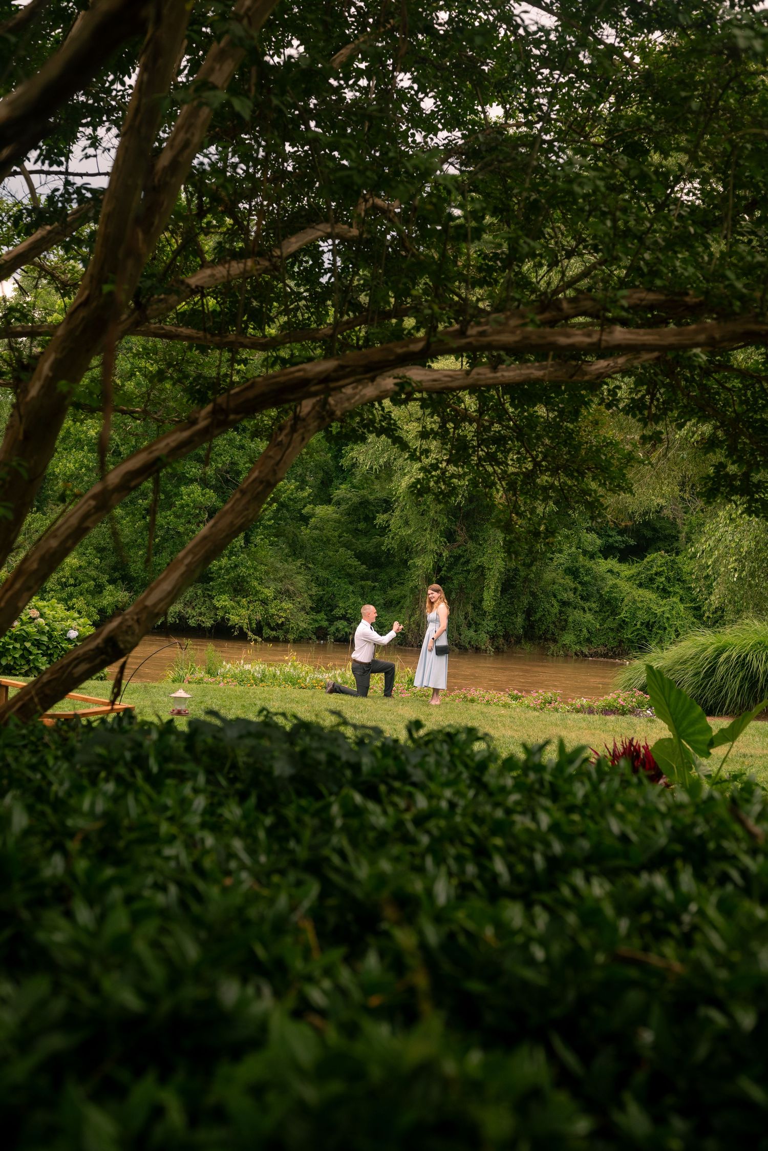 A romantic proposal moment captured through lush garden foliage at a scenic riverside at Canoe, Atlanta, Georgia. True to color