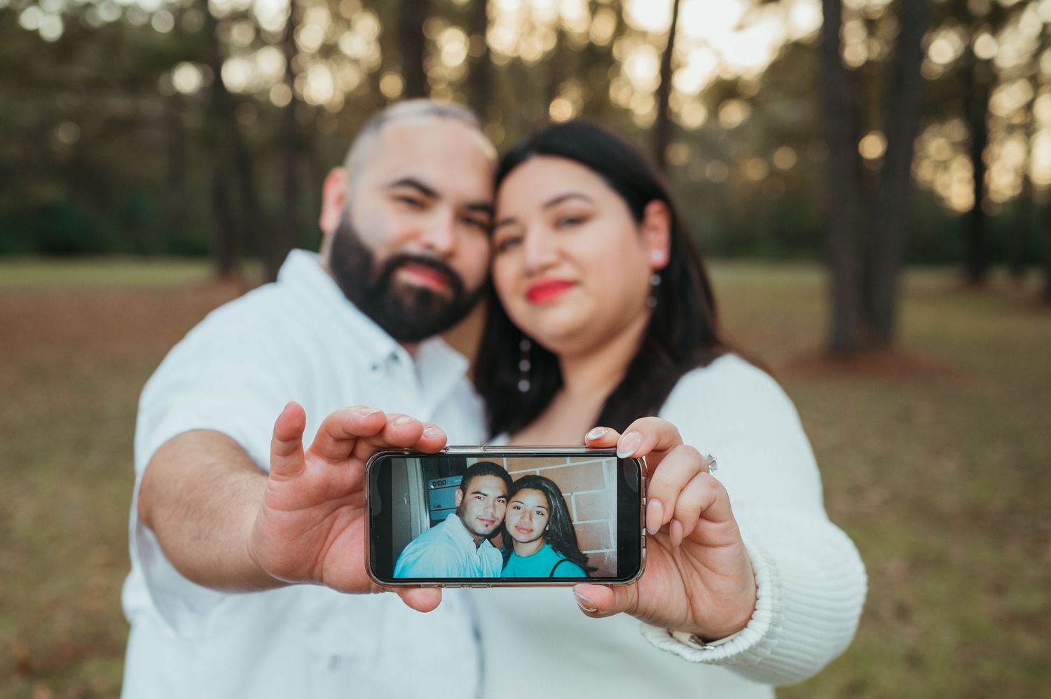A couple shares a throwback image of when they first met at their engagement session