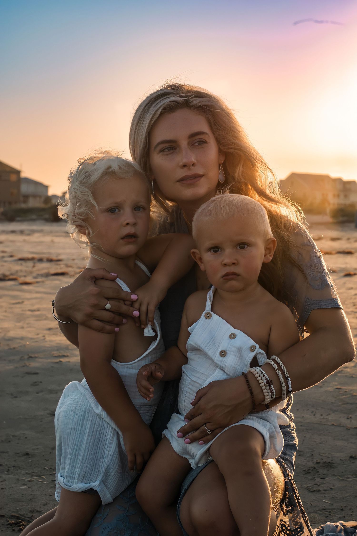 A mother embraces her two young boys on the beach at sunset