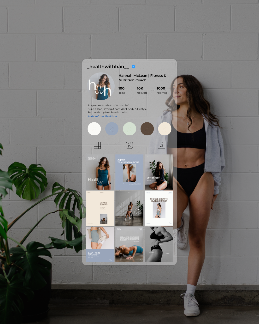 Woman posing beside a large Instagram feed mockup for healthwithhan fitness coach profile.