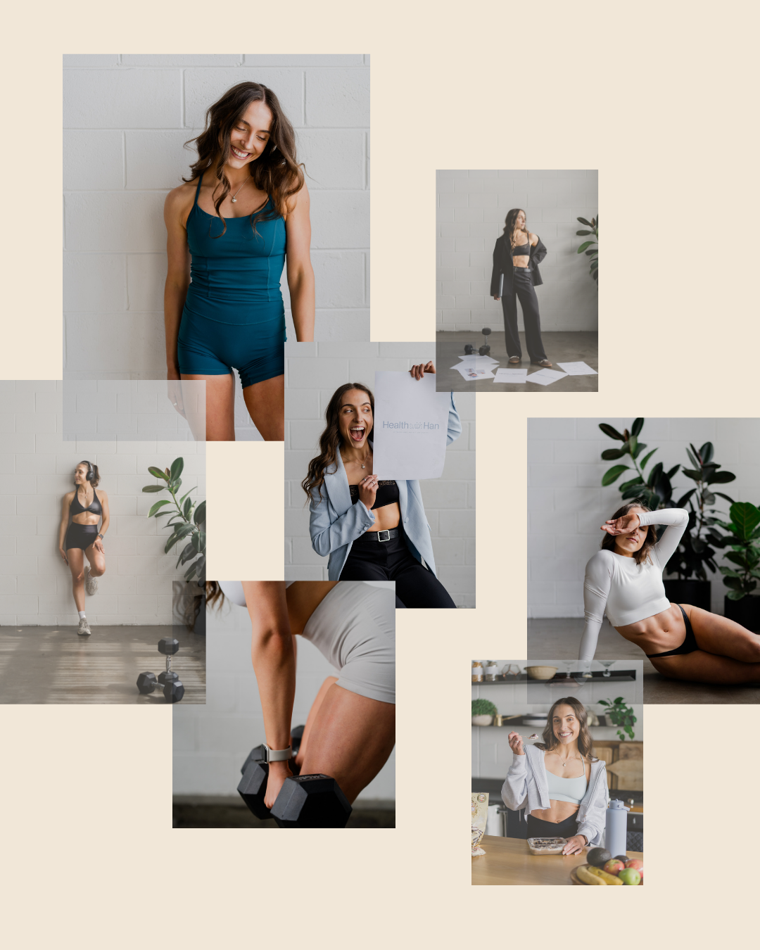 Collage of fitness coach Hannah McLean in various workout and lifestyle photography shots.