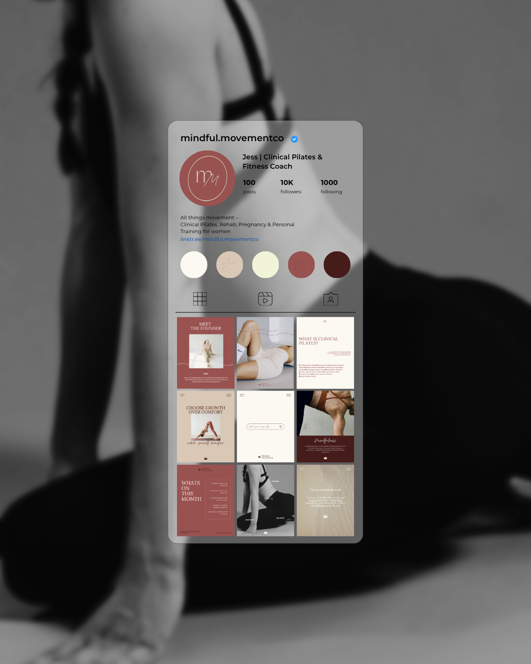 Mindful Movement Instagram profile mockup showing a cohesive earthy red and cream content grid.