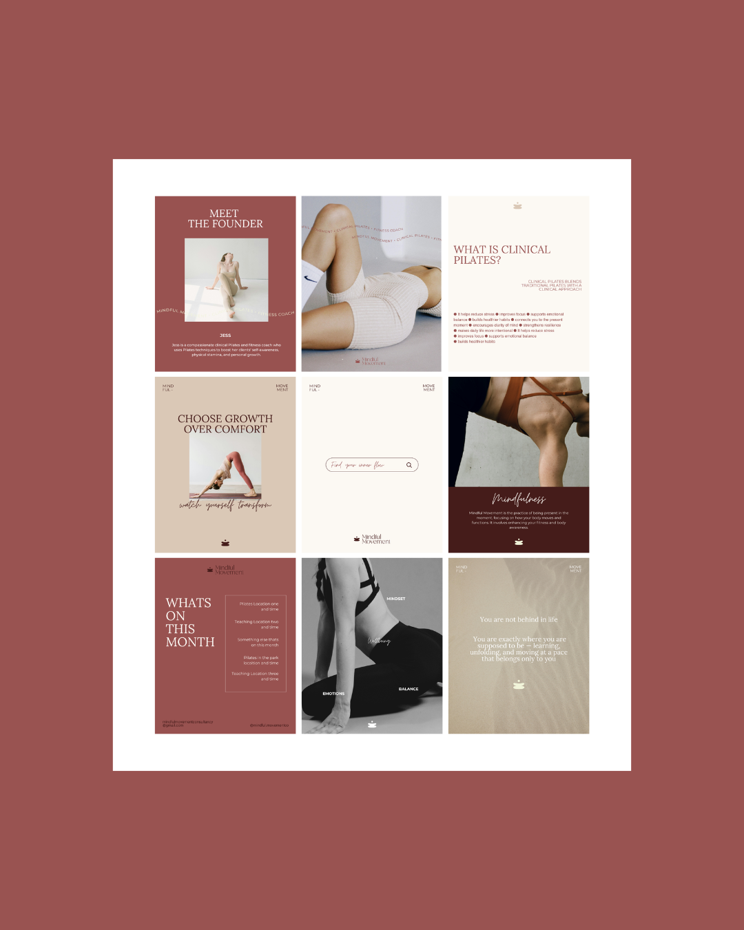 Clinical Pilates brand Instagram grid layout with earthy red and cream tones.