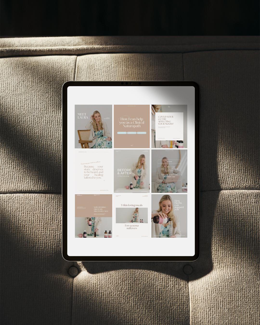 iPad showing Nurtured by Laura branded Instagram content grid with lifestyle photography.