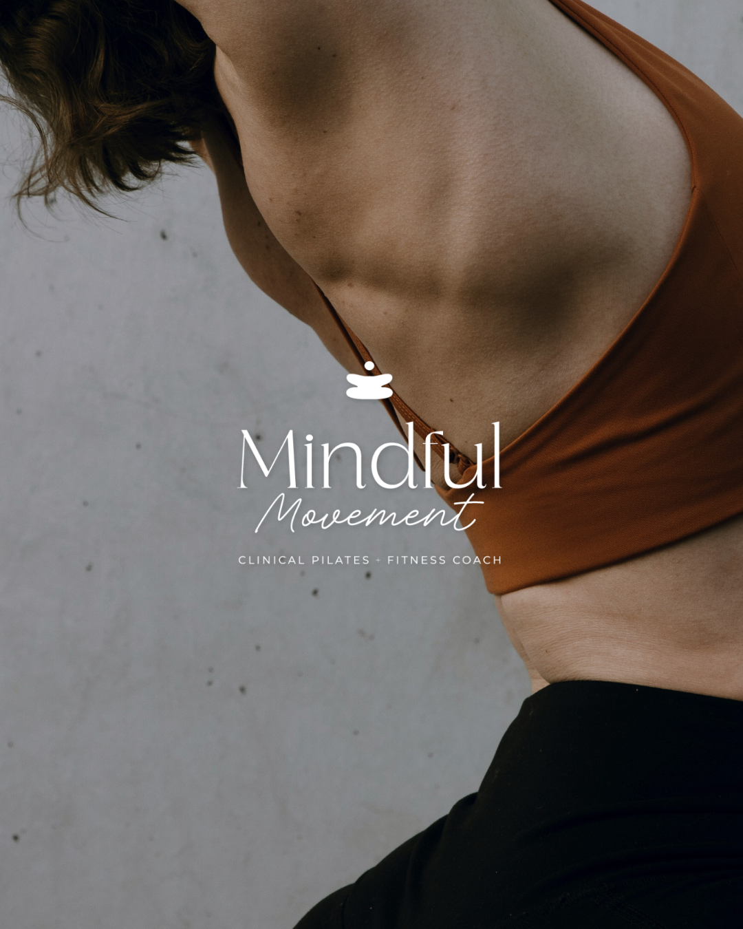 Mindful Movement clinical Pilates fitness coach logo on a close-up athletic photo.