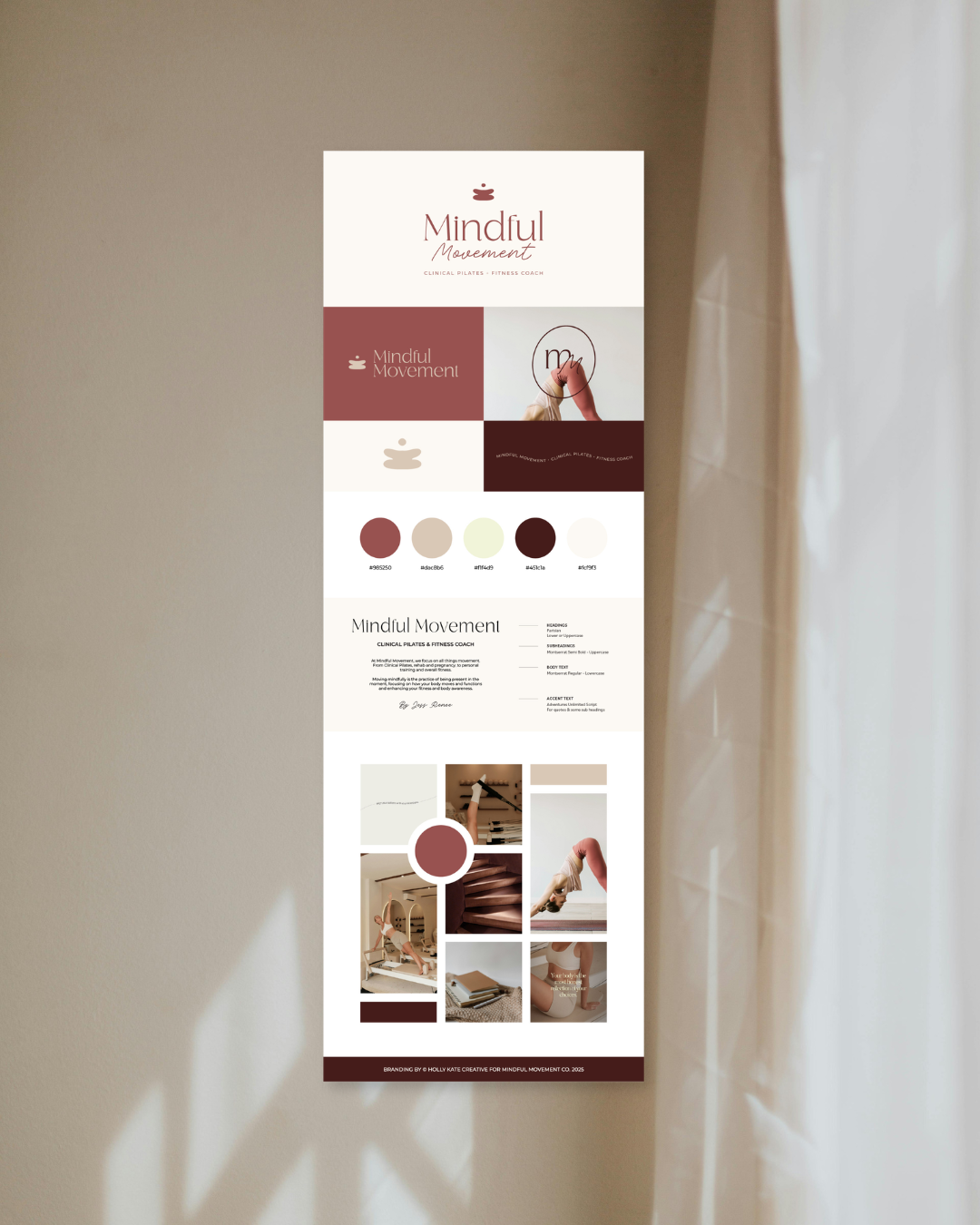 Mindful Movement brand style guide displayed on a tall scroll with logo, colors, and mood board.