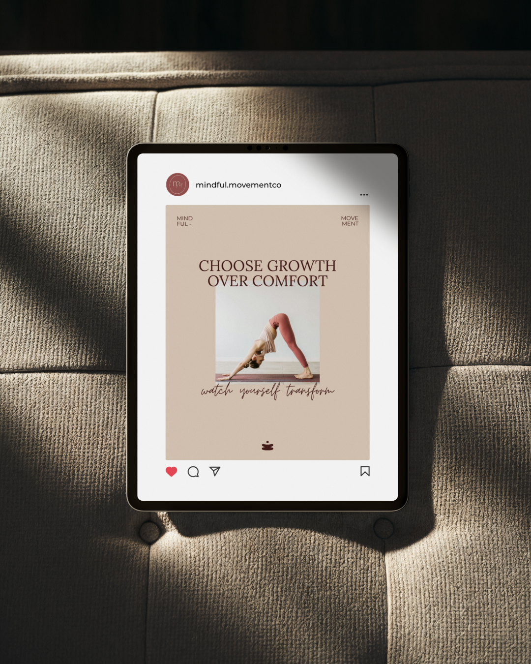 iPad displaying a motivational fitness Instagram post reading Choose Growth Over Comfort.