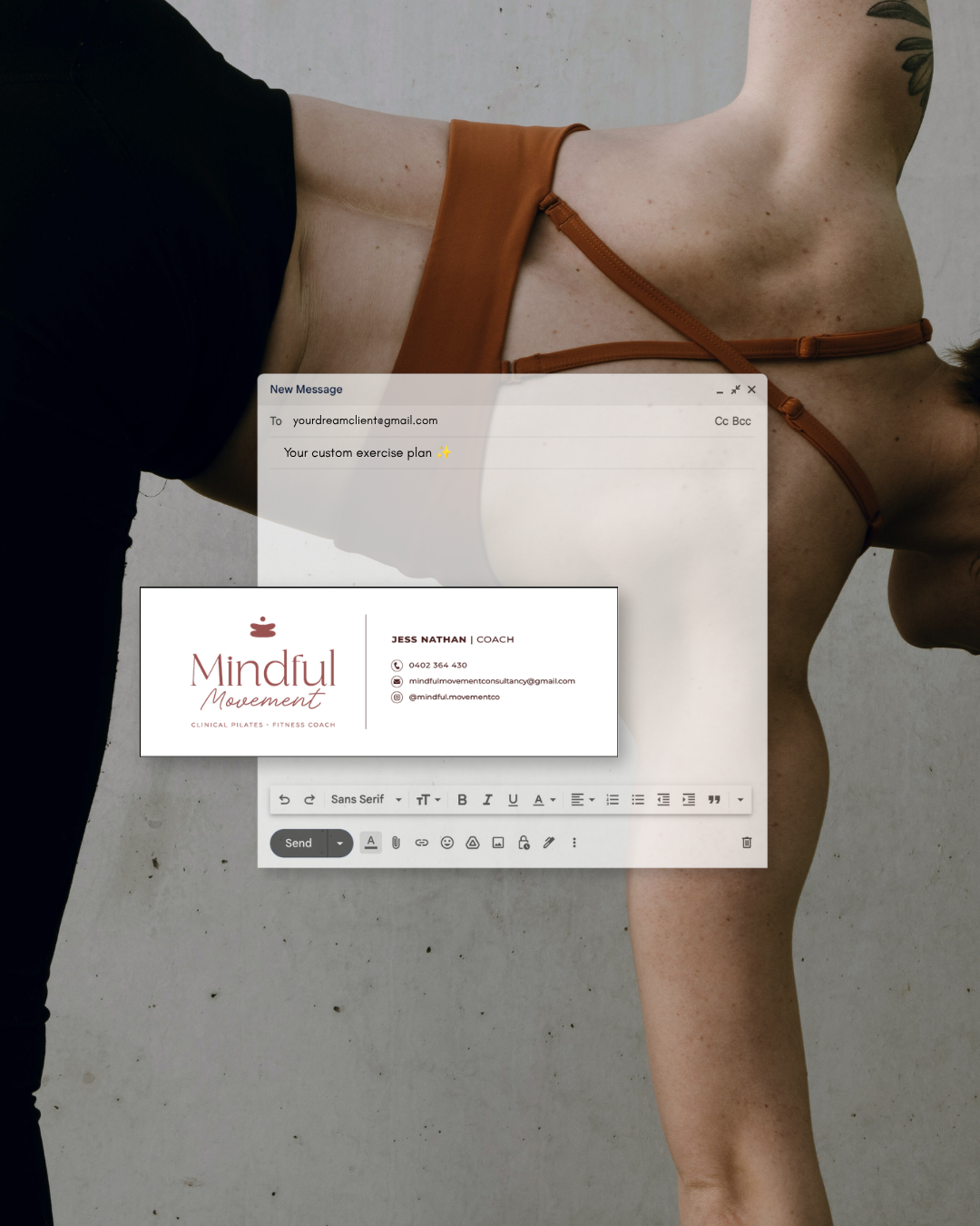 Mindful Movement branded email signature displayed in a compose window with a yoga pose background.
