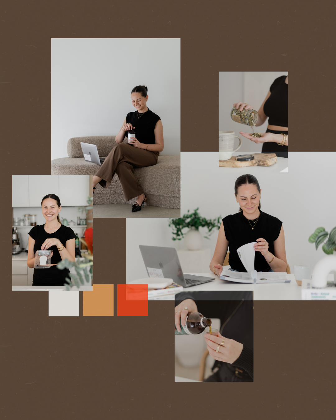 Brown mood board collage of naturopath woman in kitchen and office settings with earth tone swatches.