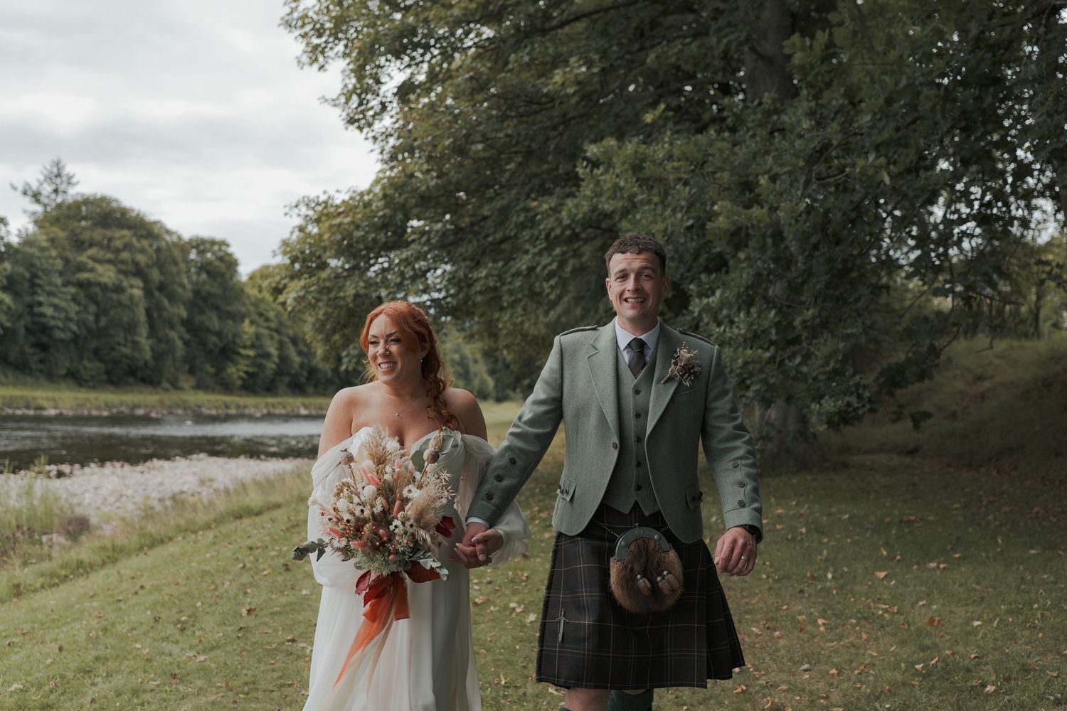 A series of outdoor wedding photos showing bride and groom in natural settings with autumn foliage.