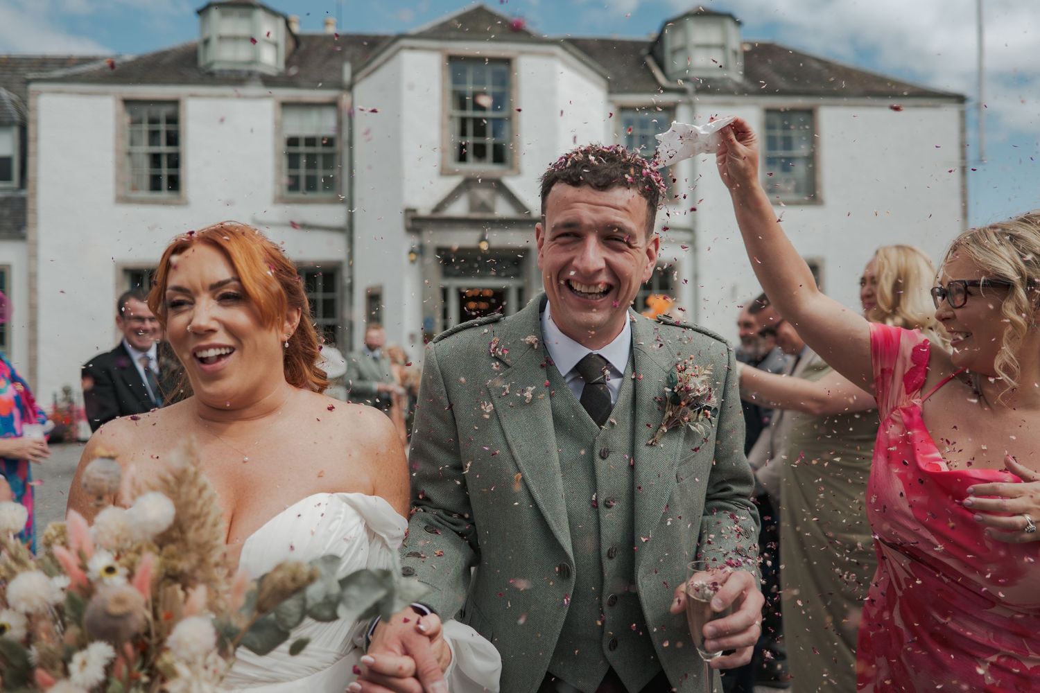 A sequence of wedding celebration photos showing guests throwing confetti outside at Banchory Lodge in joyful celebration.