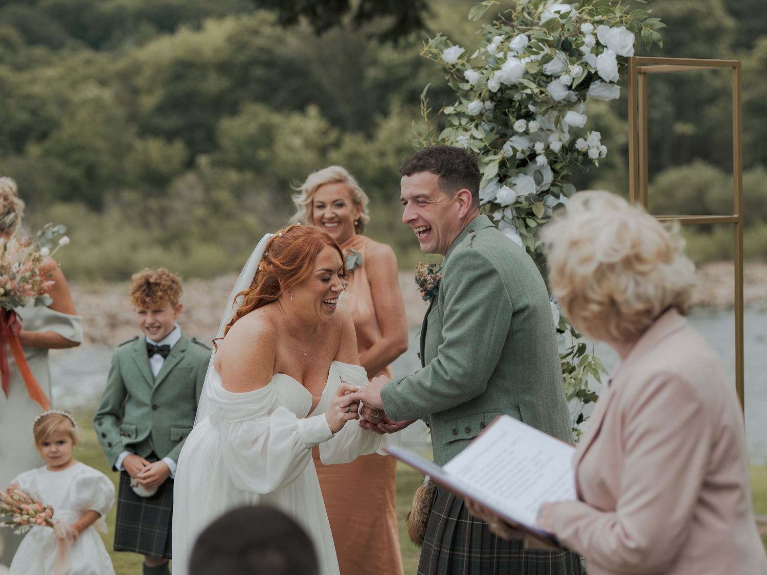 Collage of outdoor wedding moments with people in sage green and blush pink attire interacting during a celebration at Banchory Lodge.