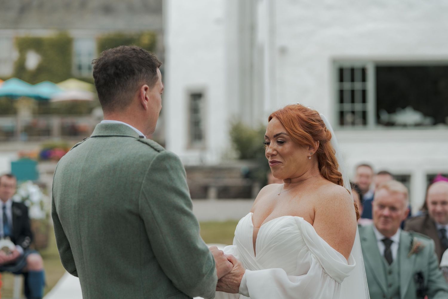 A sequence of candid moments during a wedding ceremony showing couples dancing and celebrating.