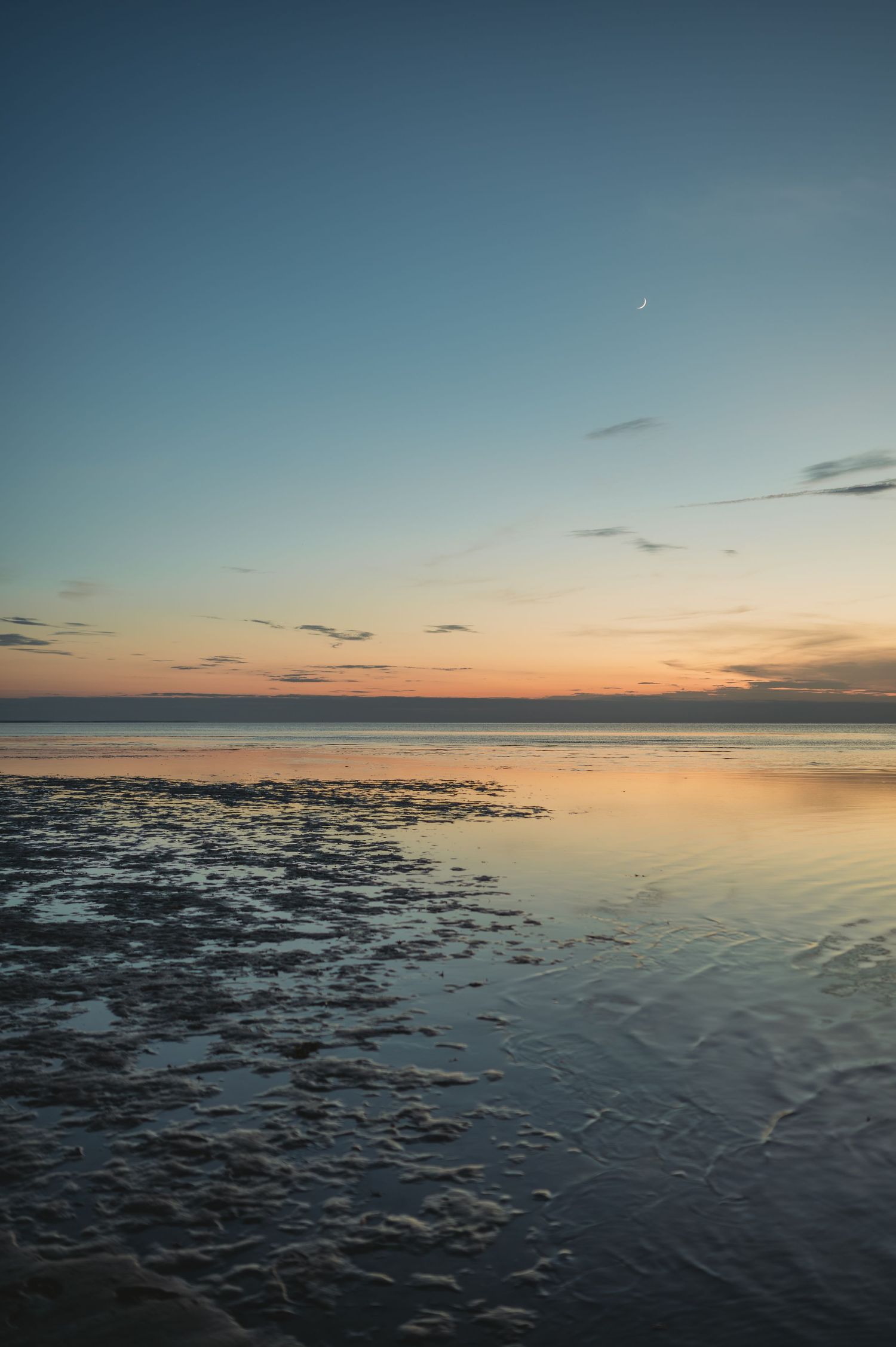 Serene coastal sunset with golden horizon reflecting on wet sandy beach and crescent moon visible in clear blue sky.