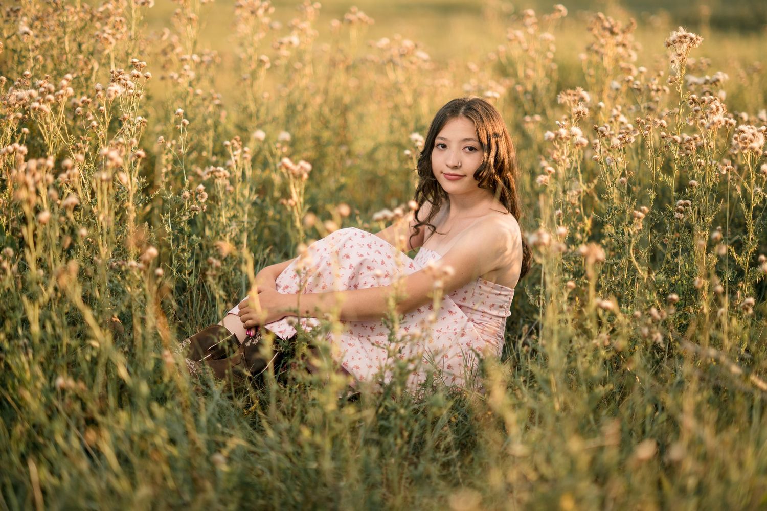 Golden hour sunlight illuminates a flowery meadow with tall grass and wildflowers creating a dreamy summer scene.