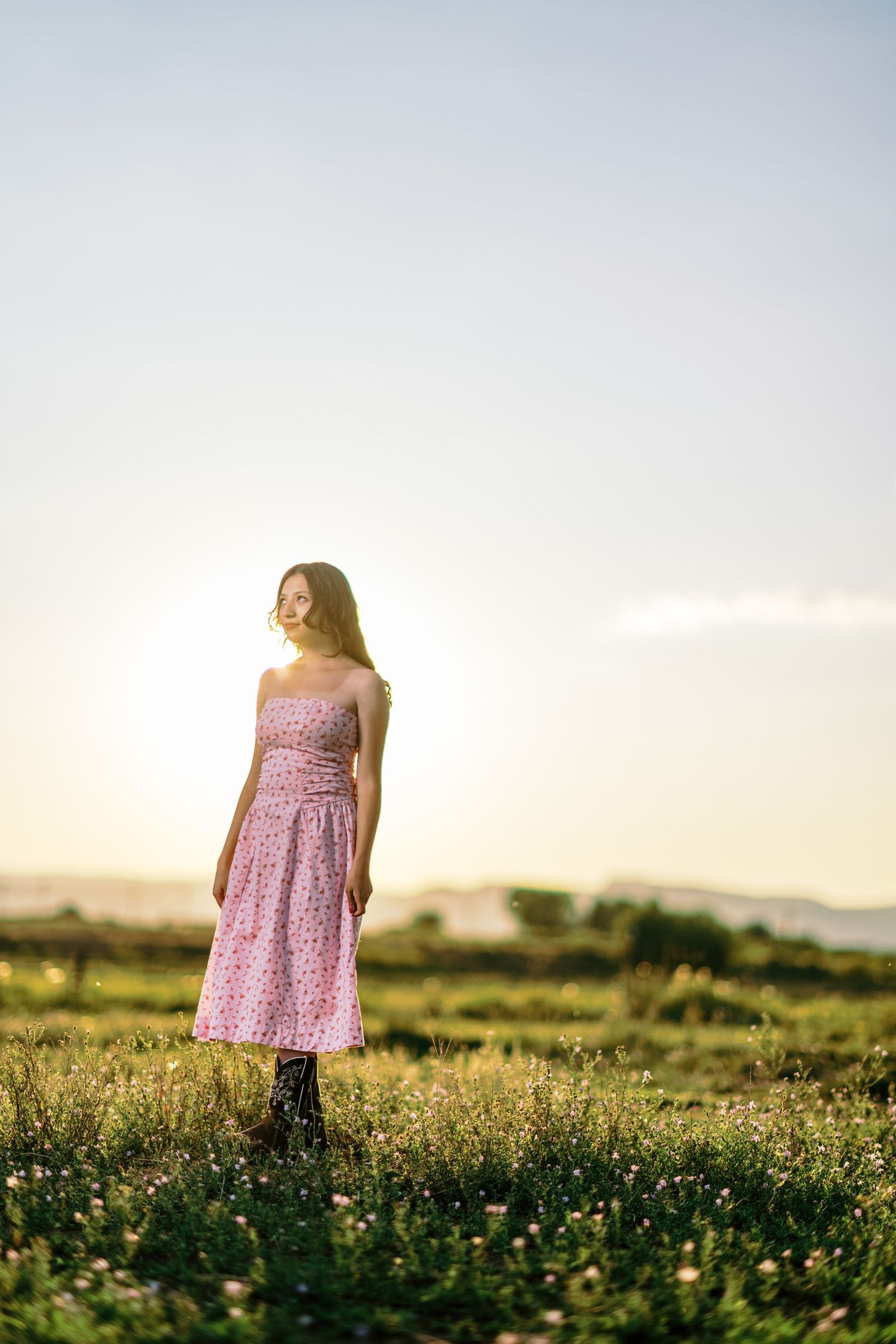 A figure in a pink sundress stands amid a wildflower meadow at sunset with golden light illuminating the pastoral scene.