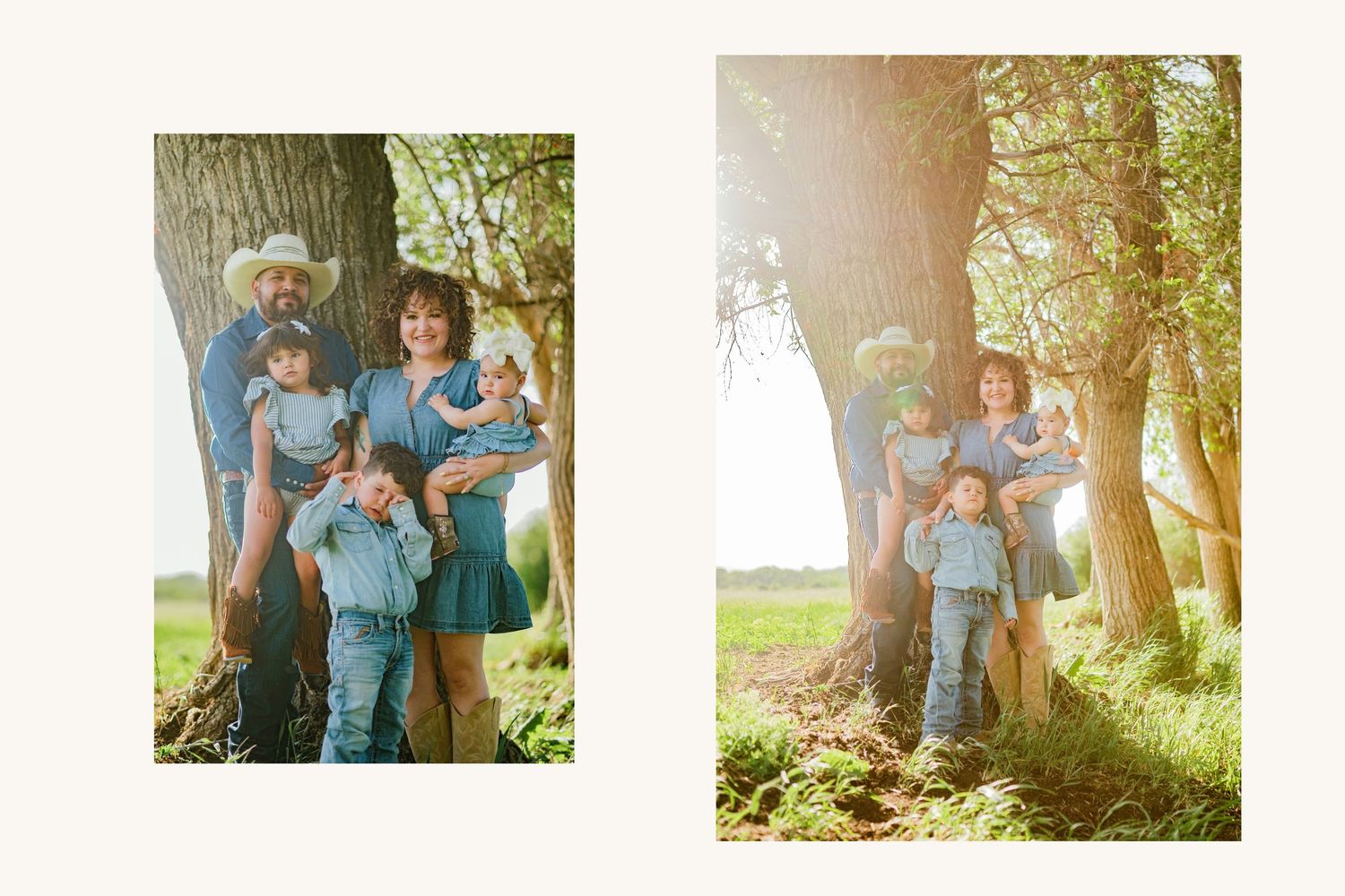 Family portrait of parents and three children in matching blue outfits posing by a large tree in a sunny green field.