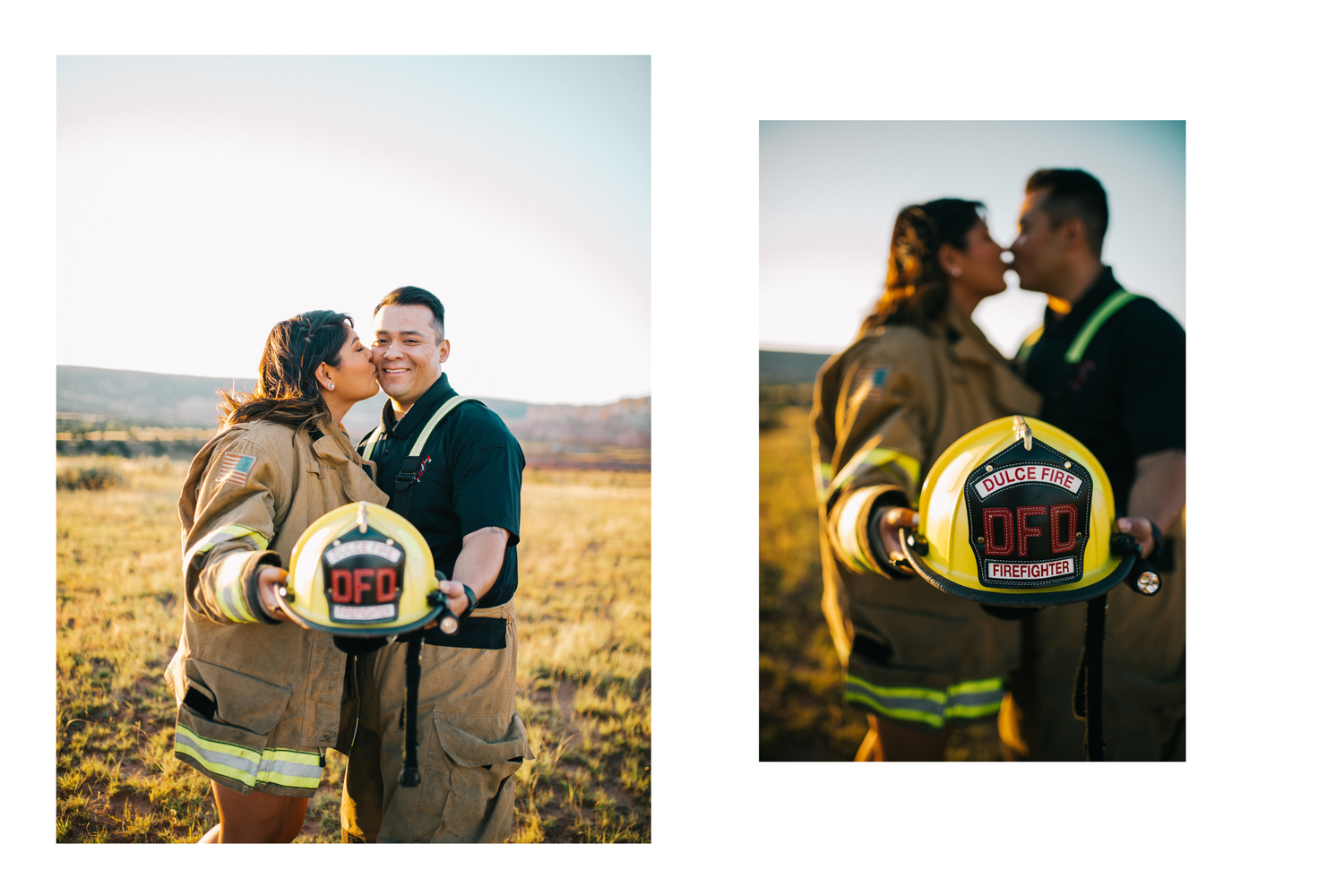 Couple in firefighter gear sharing a romantic kiss in a golden field, holding a DFD helmet during an engagement photo session.