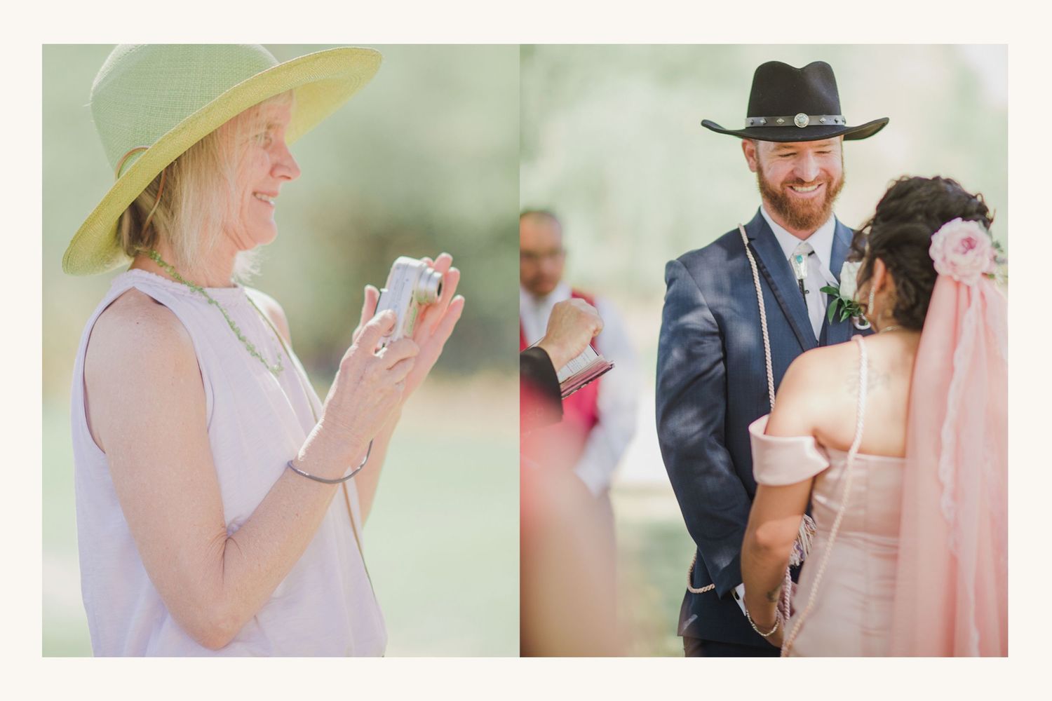 Woman in yellow hat photographs wedding ceremony while groom in cowboy hat smiles at bride in pink dress.