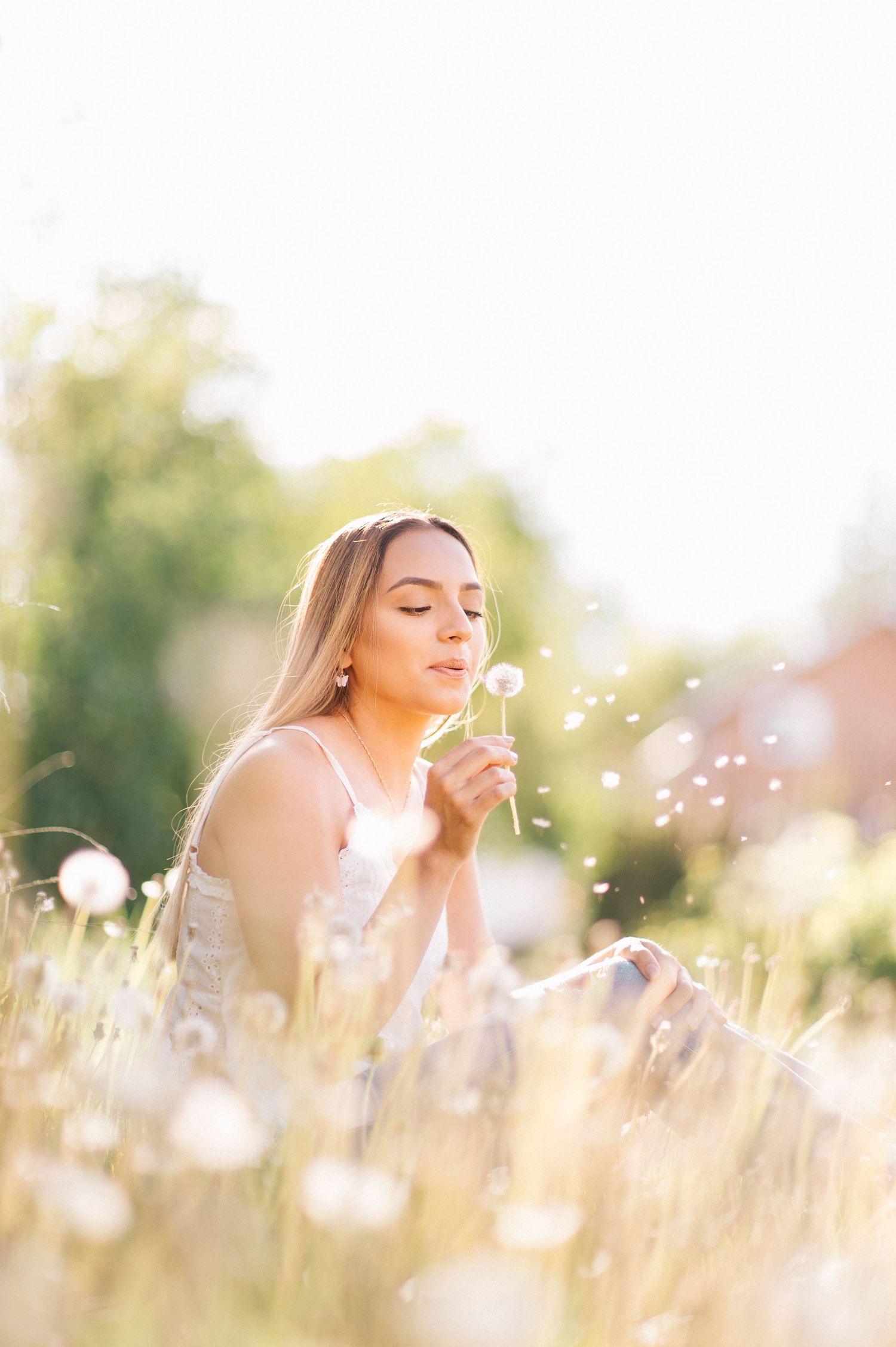Person blowing dandelion seeds in sunny meadow with soft bokeh effect.
