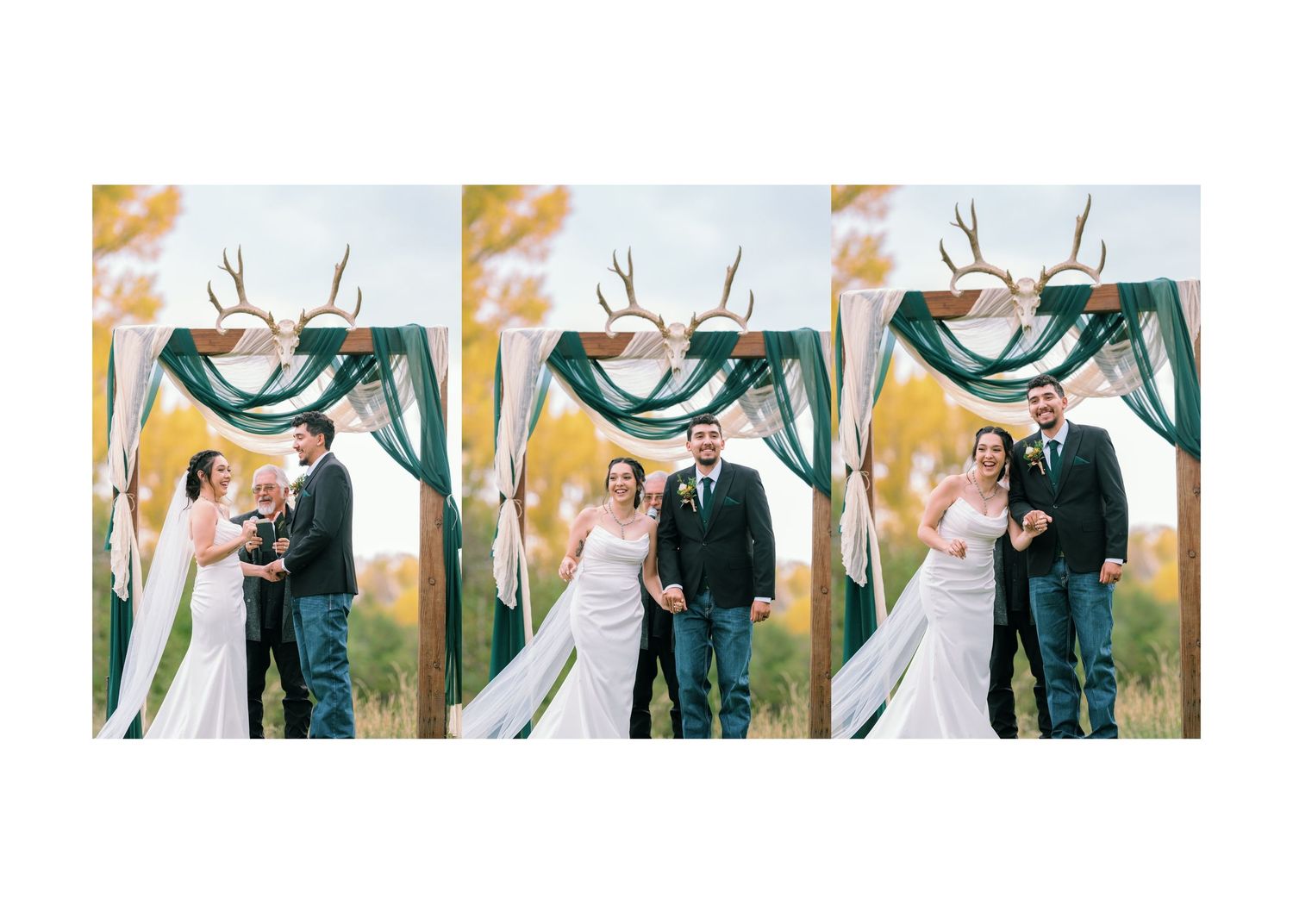Wedding couple signs official marriage documents while surrounded by their loved ones at an outdoor ceremony.