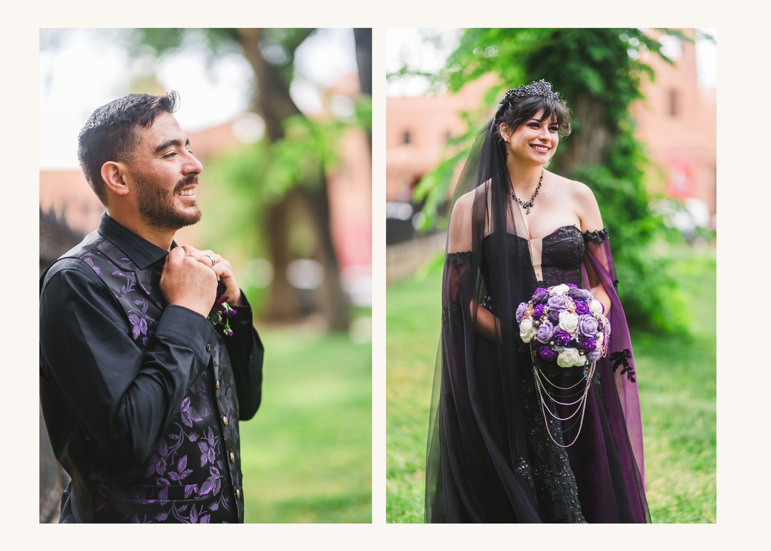 Gothic wedding couple posing outdoors, groom in black suit and bride in dark purple gown holding bouquet.
