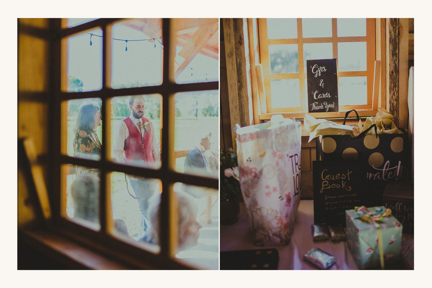 Vintage window view of a wedding celebration with gift table displaying wrapped presents and a guest book sign.