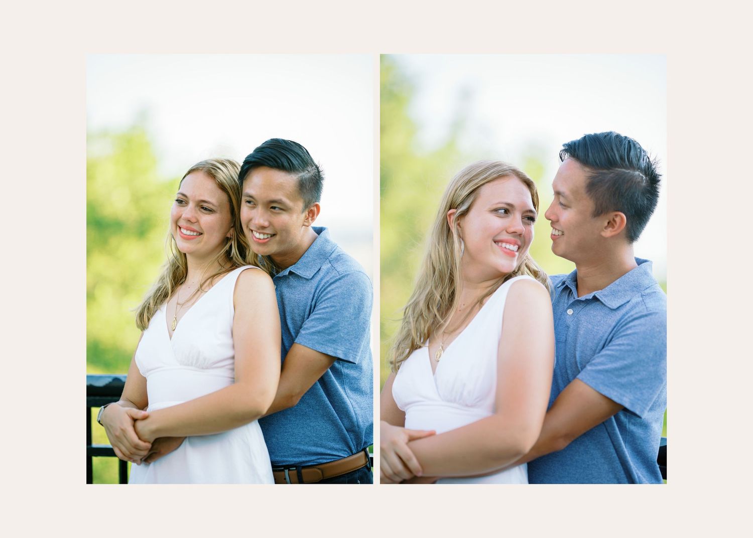 Happy couple sharing joyful moments together during a bright outdoor engagement photo session.