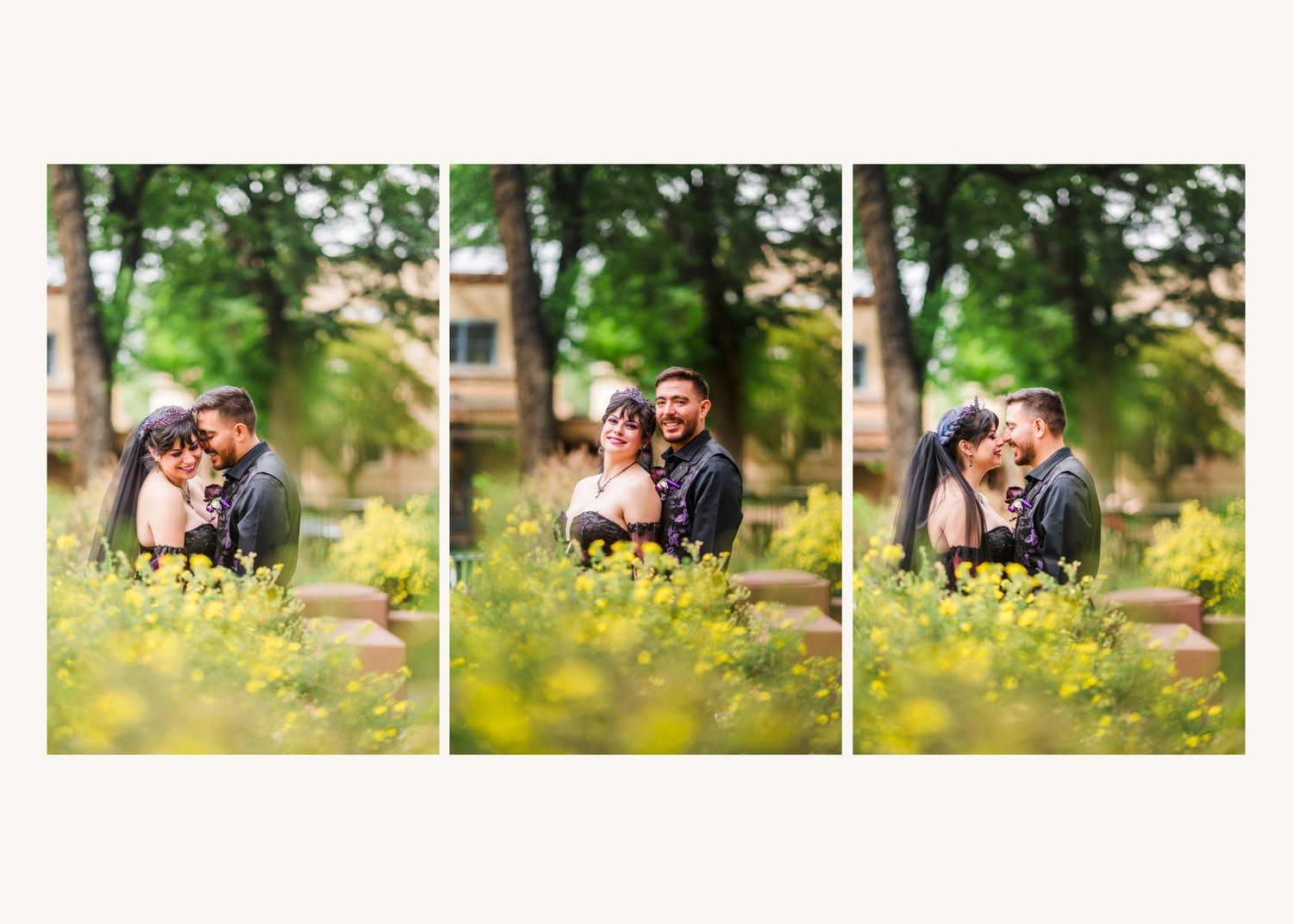 Romantic couple embracing in a lush garden with yellow wildflowers and green trees in a wedding photo triptych.