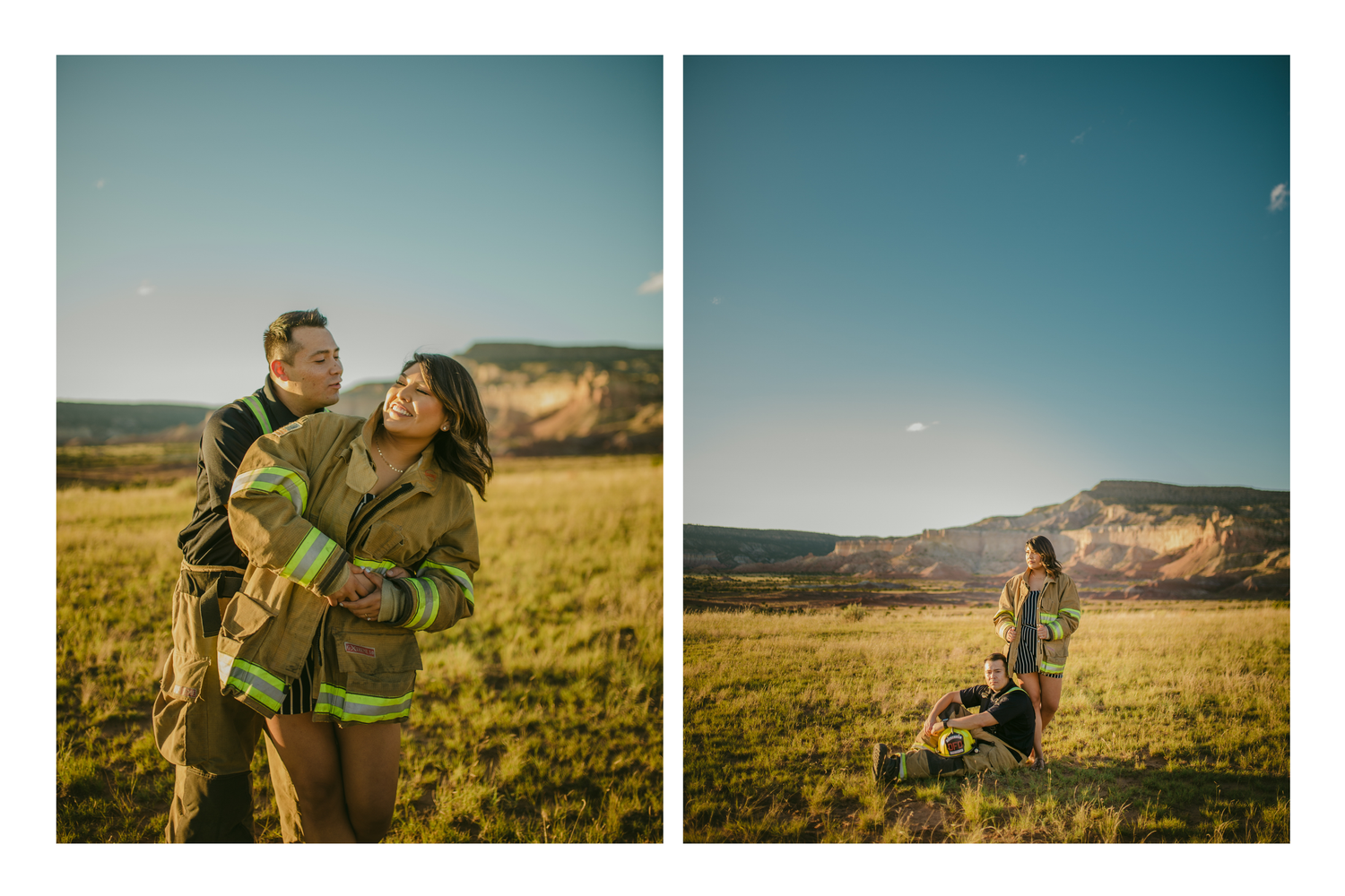 Couple embracing in a green field wearing firefighter gear with red rock cliffs and blue sky backdrop.