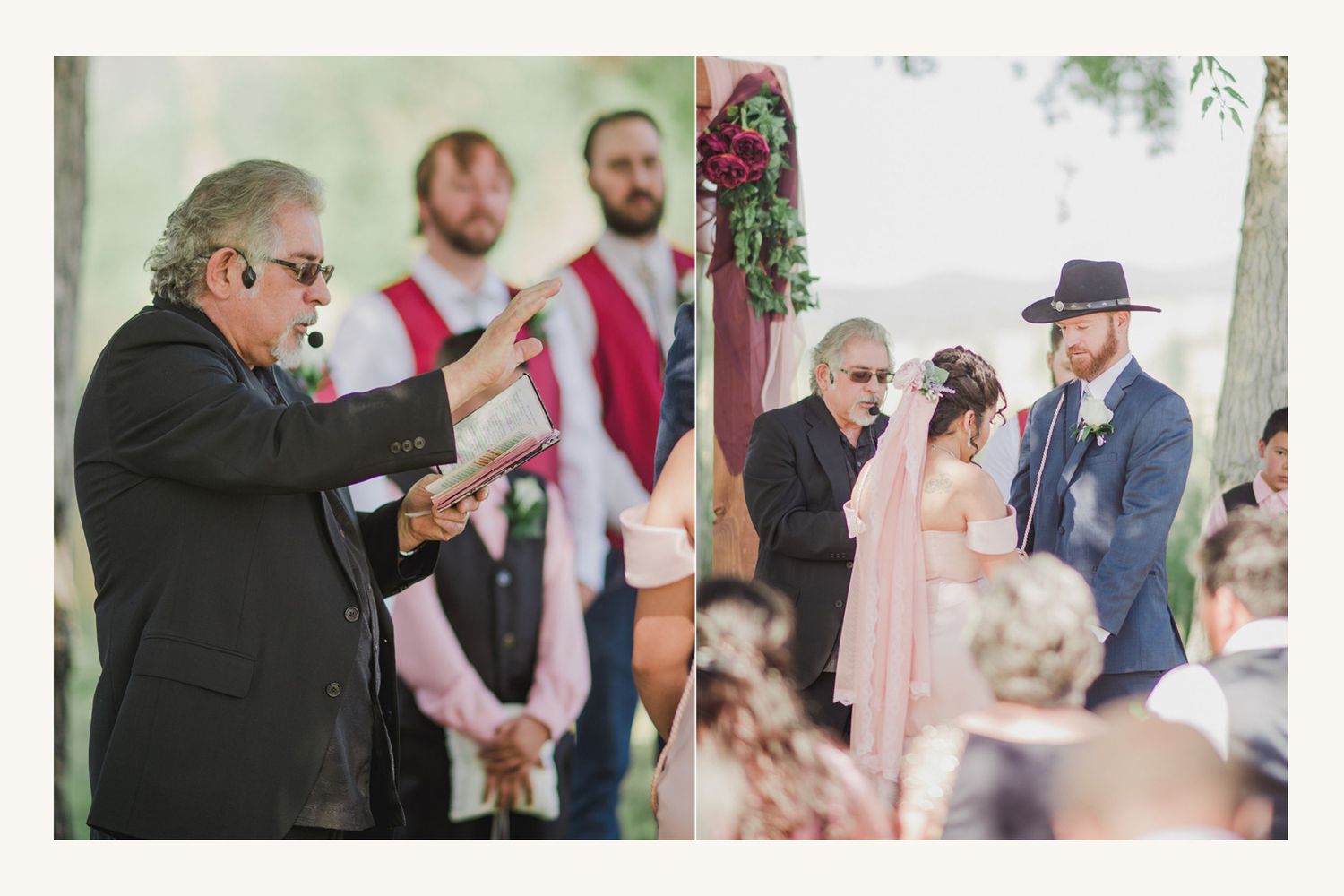 Officiant reads vows at outdoor wedding ceremony with bride groom and wedding party standing beneath floral arch.