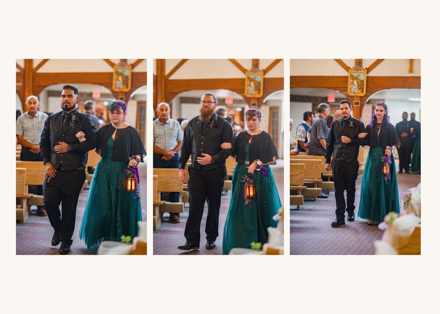 Wedding processional in a church with bridal party in teal gowns and groomsmen in black attire walking down the aisle.