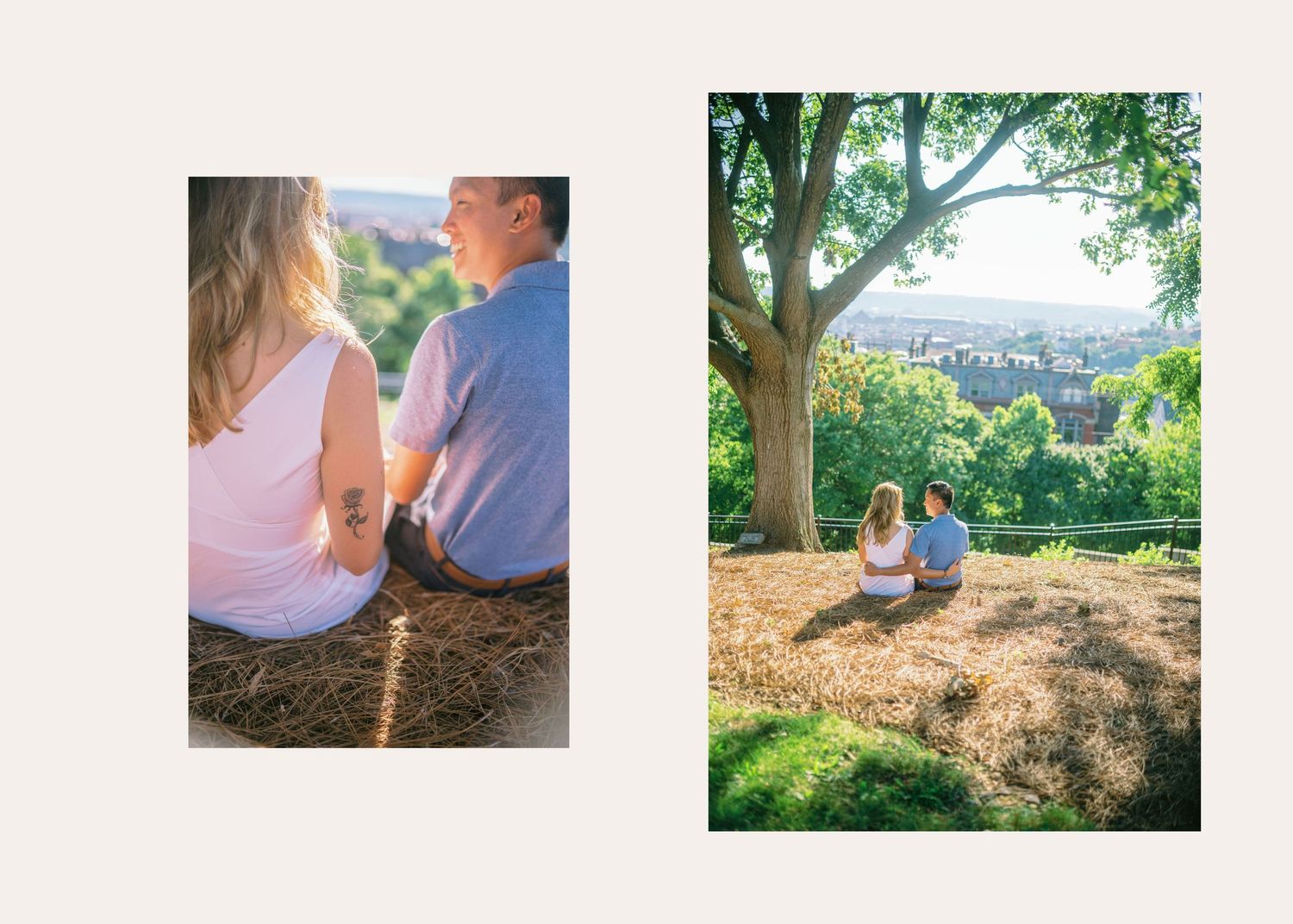 A romantic couple shares tender moments together during a sunny outdoor photo session in a natural setting.