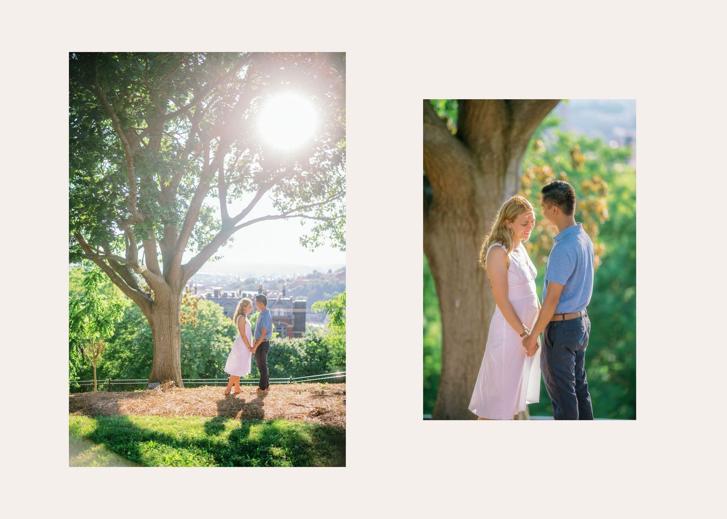 A romantic couple shares tender moments in a sunlit park during a golden hour engagement photo session.