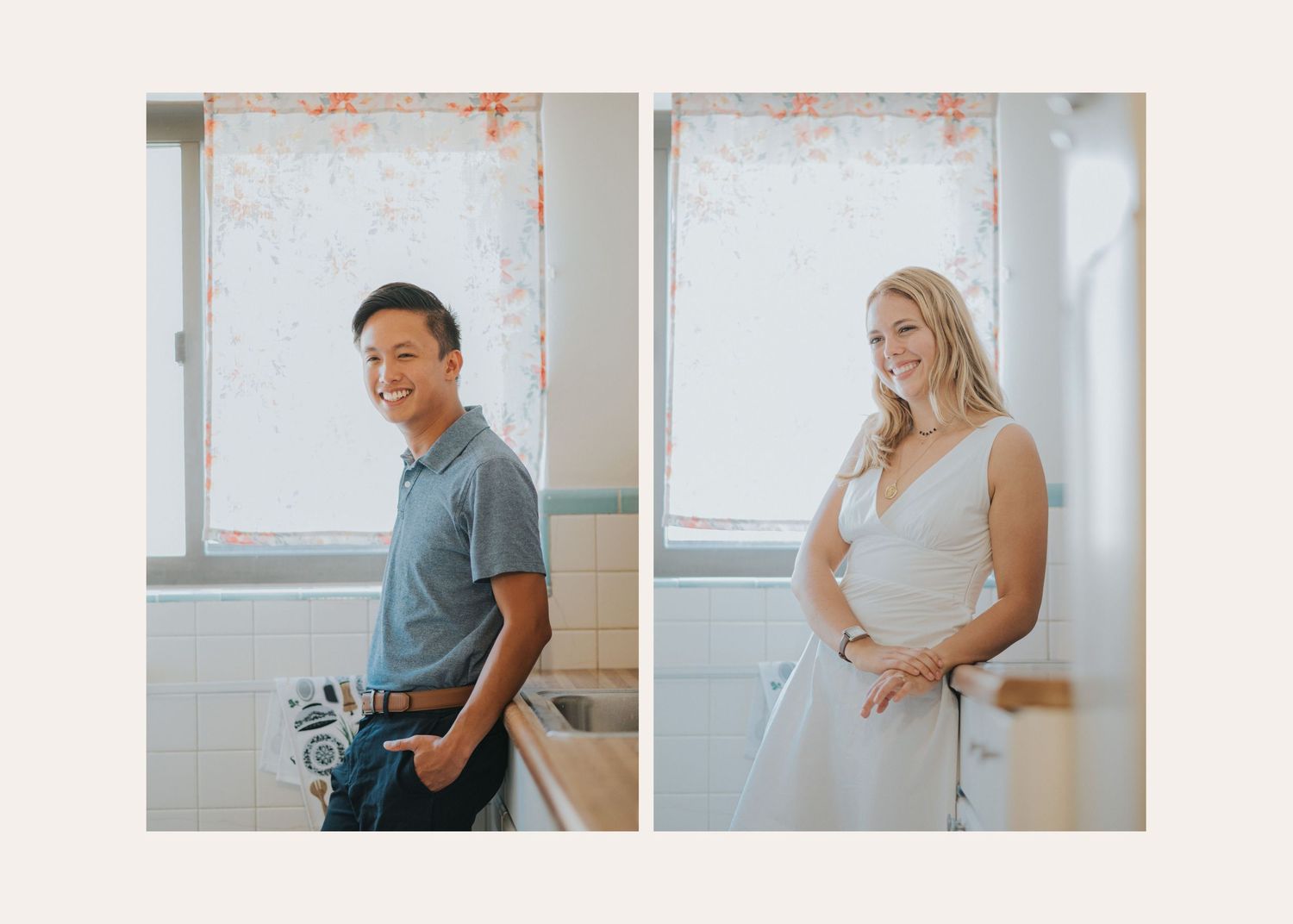 Two people pose separately in an indoor setting with minimalist decor and bright natural lighting.