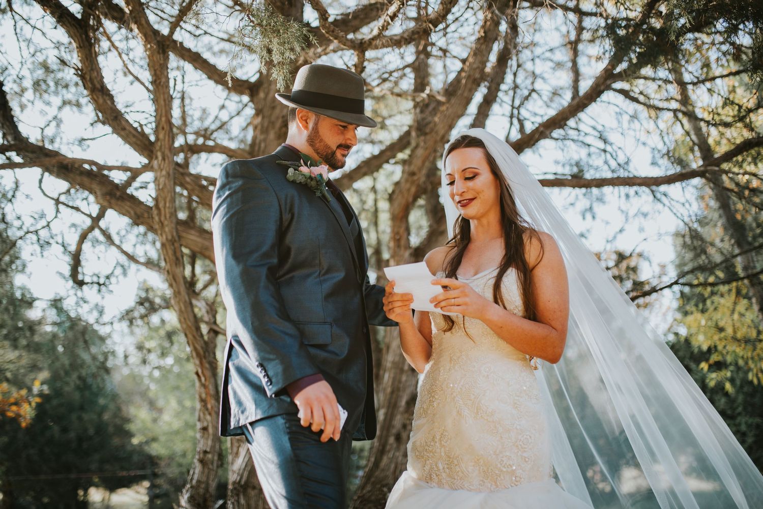 A romantic outdoor wedding scene captured in a series of photos showing tender moments between the couple under sunlit trees.