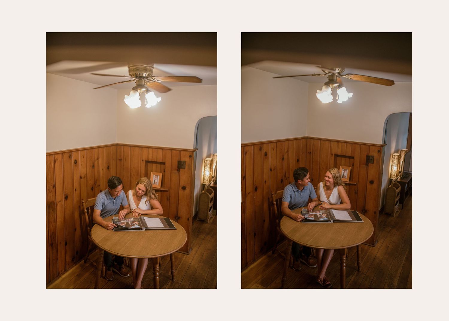People look through a photo album while sitting on a wooden bench in a rustic room with wood paneling.