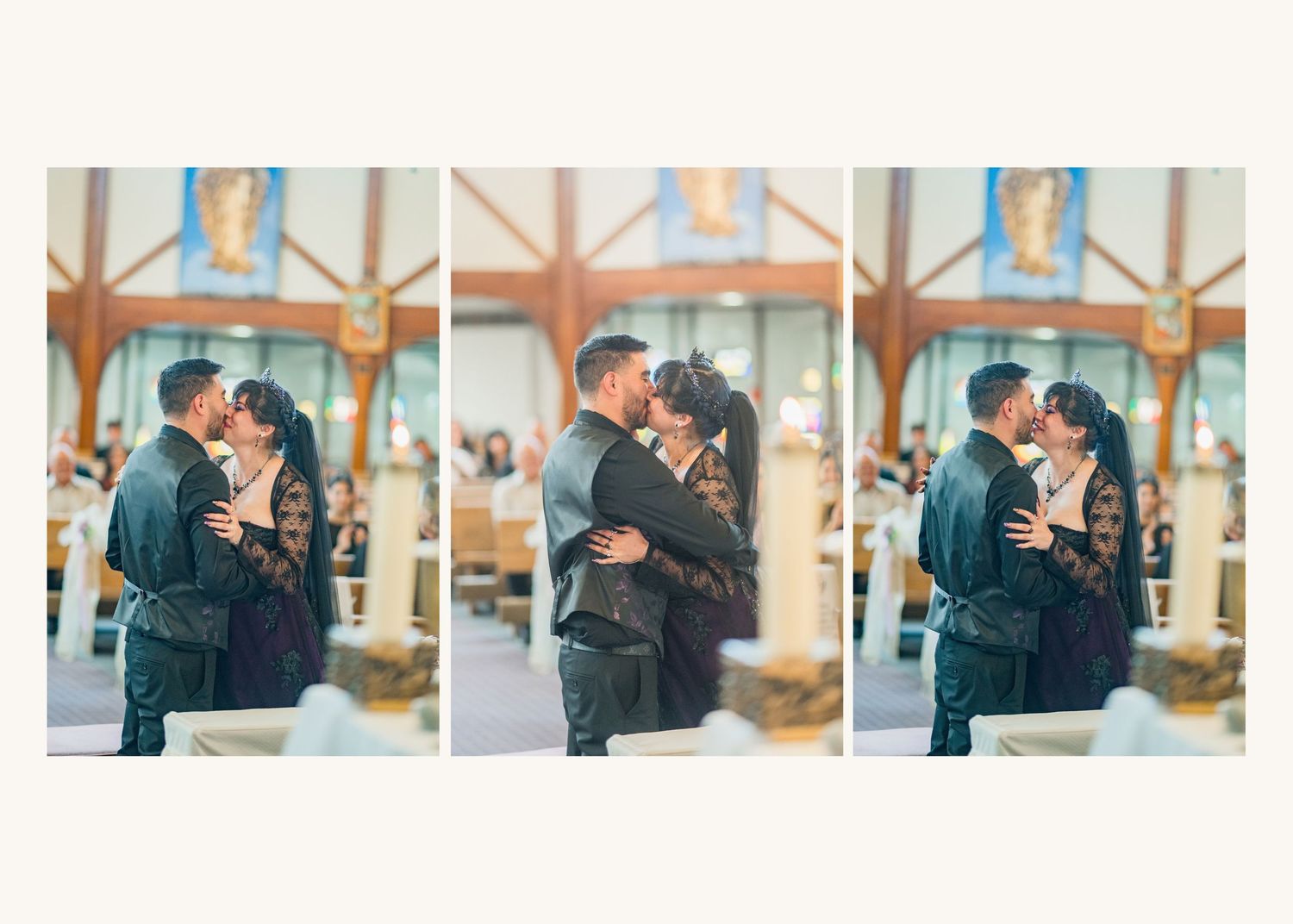 Couple sharing a romantic first kiss at the altar inside a wooden chapel during their wedding ceremony.
