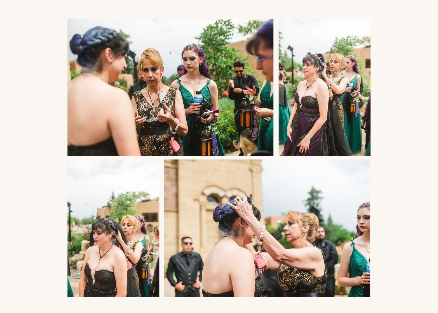 Bridesmaids in green dresses socializing outdoors at a wedding venue, adjusting accessories and conversing in a garden setting.