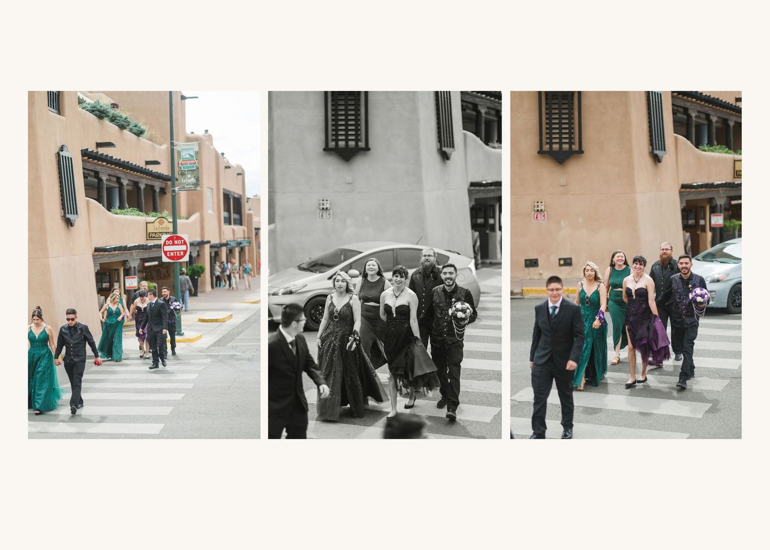Wedding party crosses a city street in elegant attire, bridesmaids in green dresses, captured in a triptych of candid photos.